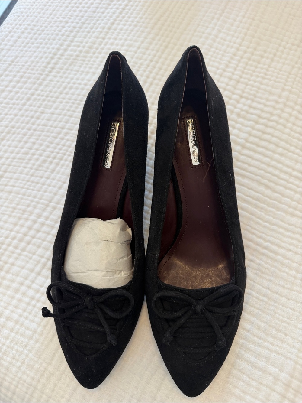 BCBGeneration Black Suede Pointed Toe Flats with Bow Detail